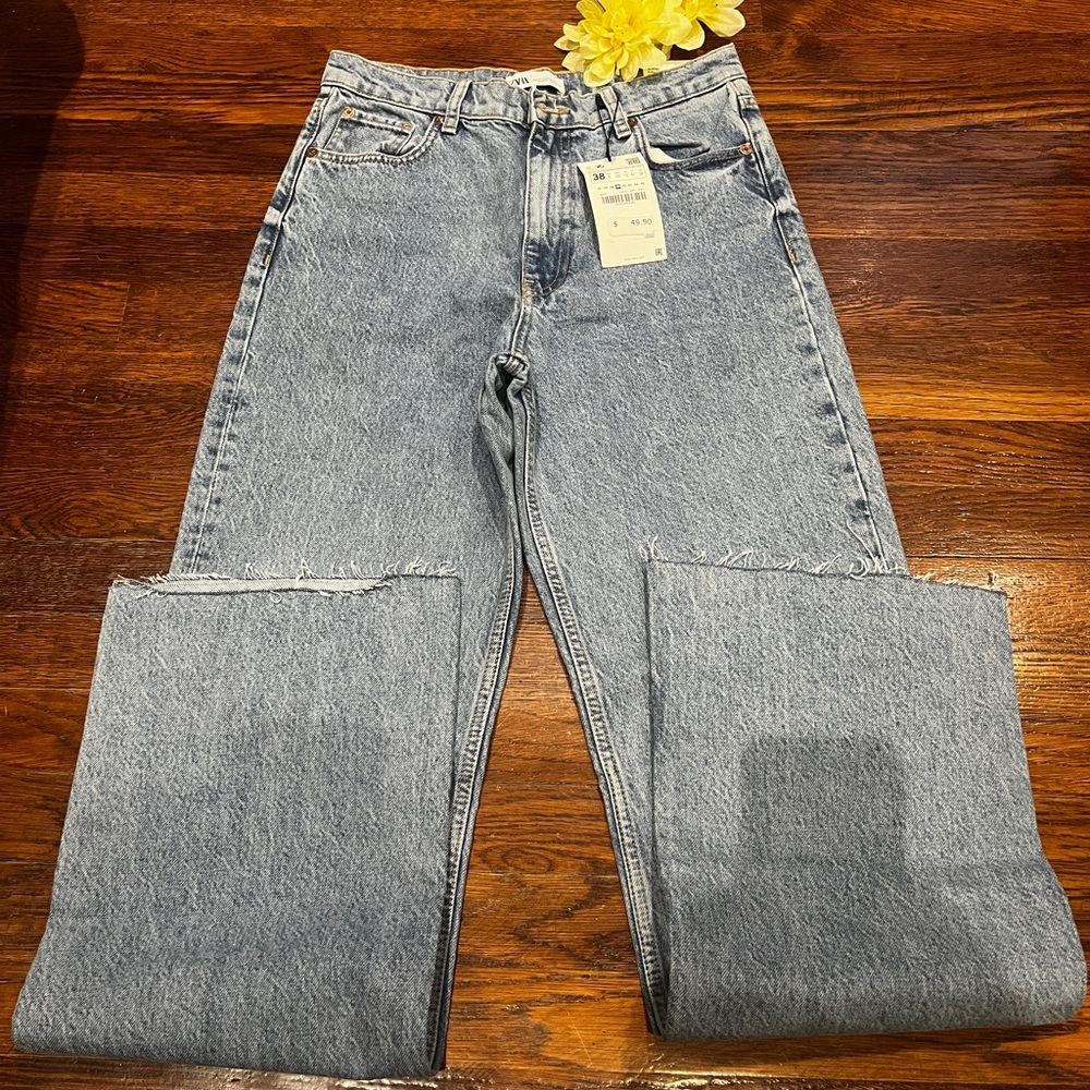Zara Blue Straight Leg High-Rise Jeans